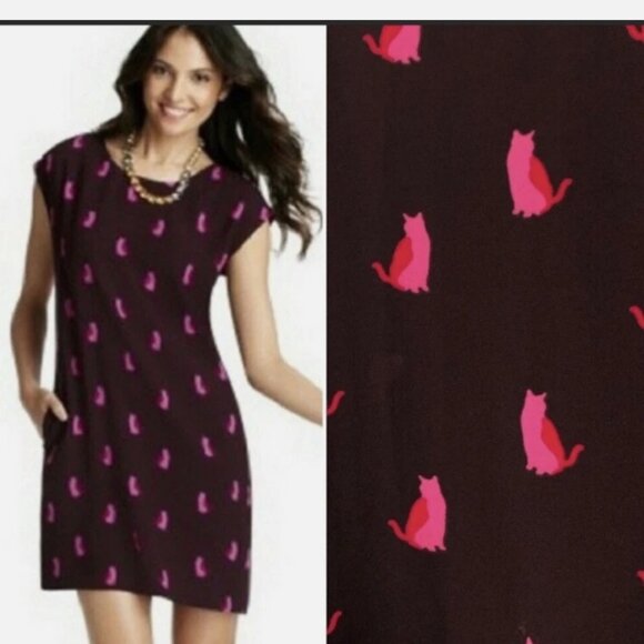 Ann Taylor Loft Cat Print Shift Dress Burgundy and Red EUC Size M - Picture 1 of 5